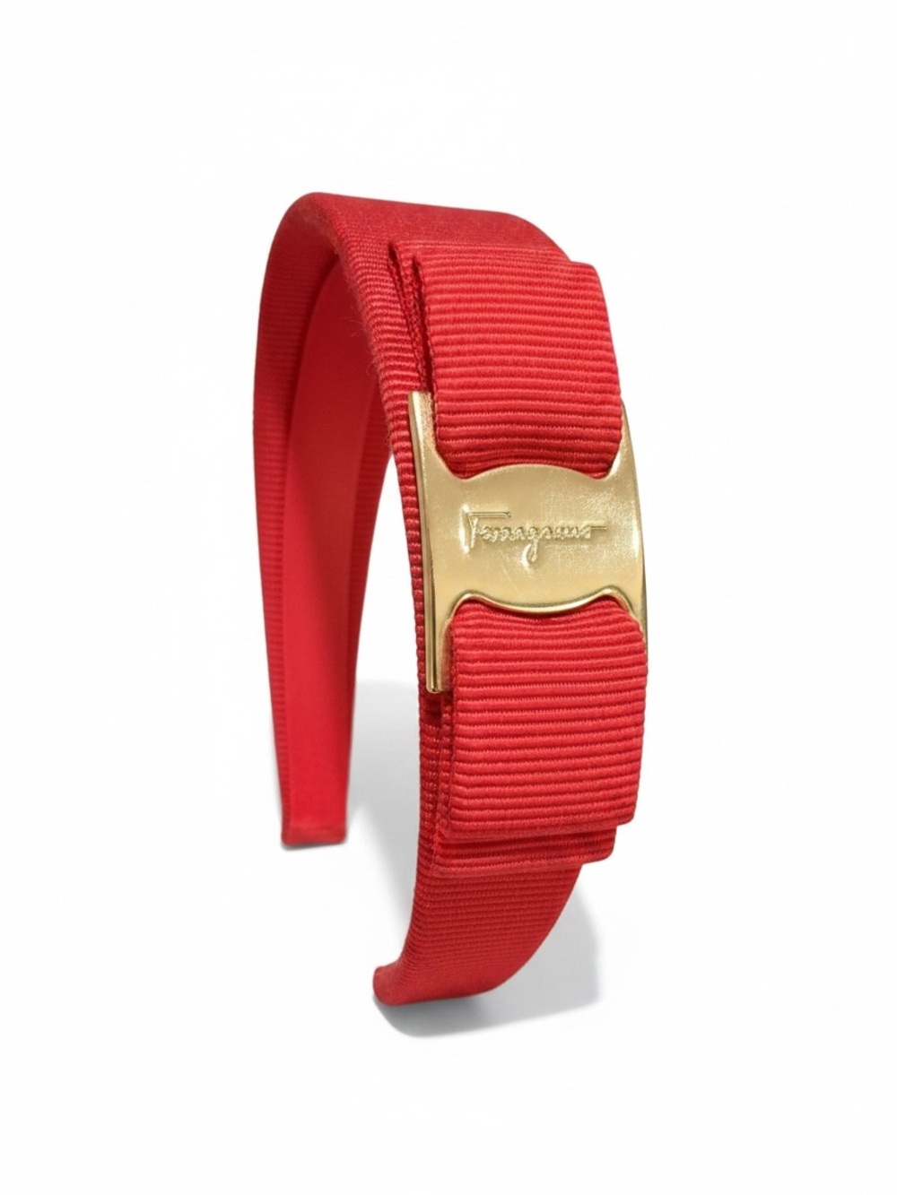 Vintage Salvatore Ferragamo Vara Red Grosgrain Headband Gold Logo Bow